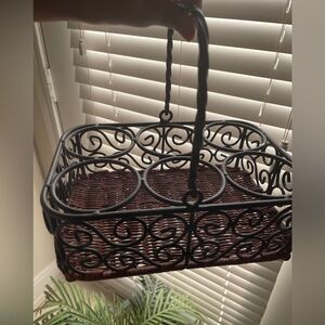 Elegant Brown Wicker and Black Metal Basket